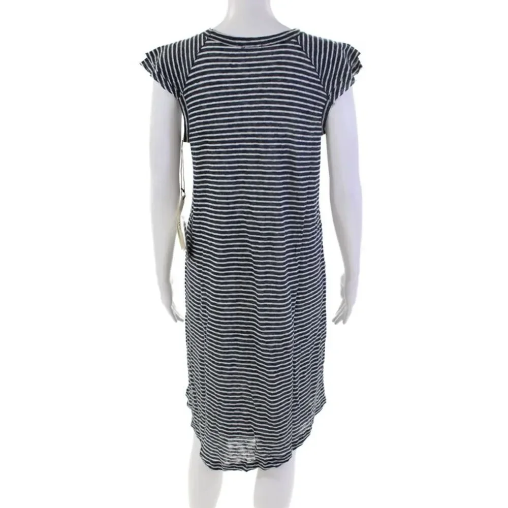 Wilt Womens Linen Striped Round Neck Sleeveless Mid-Calf Dress Navy Size S